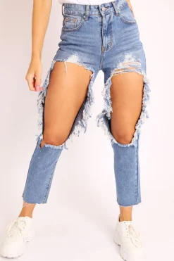 Rebellious Fashion Blue Ripped Cut Out Mom Jeans - Almer