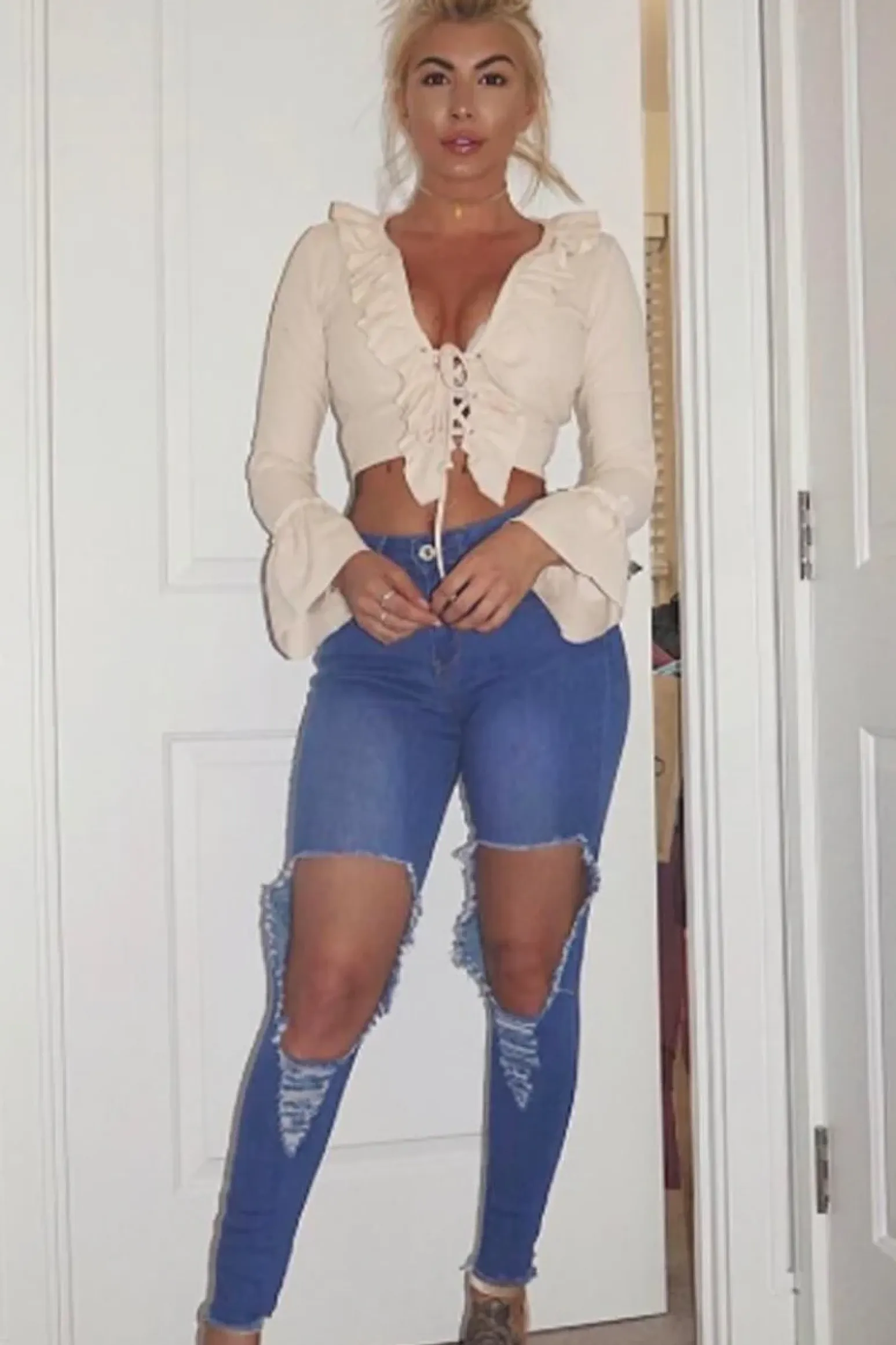 Rebellious Fashion Blue Ripped Knee Skinny Denim Jeans - Bryony