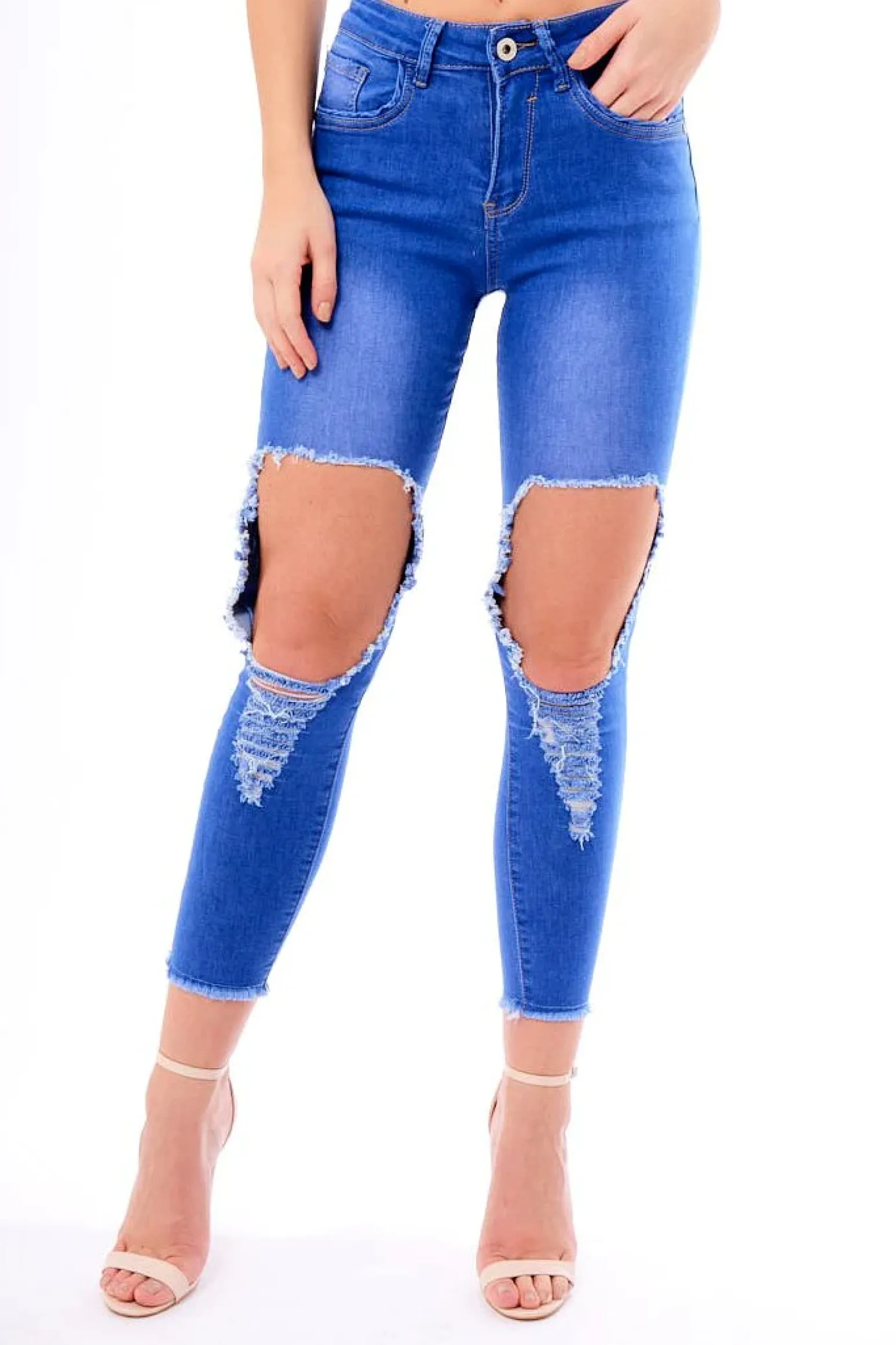 Rebellious Fashion Blue Ripped Knee Skinny Denim Jeans - Bryony