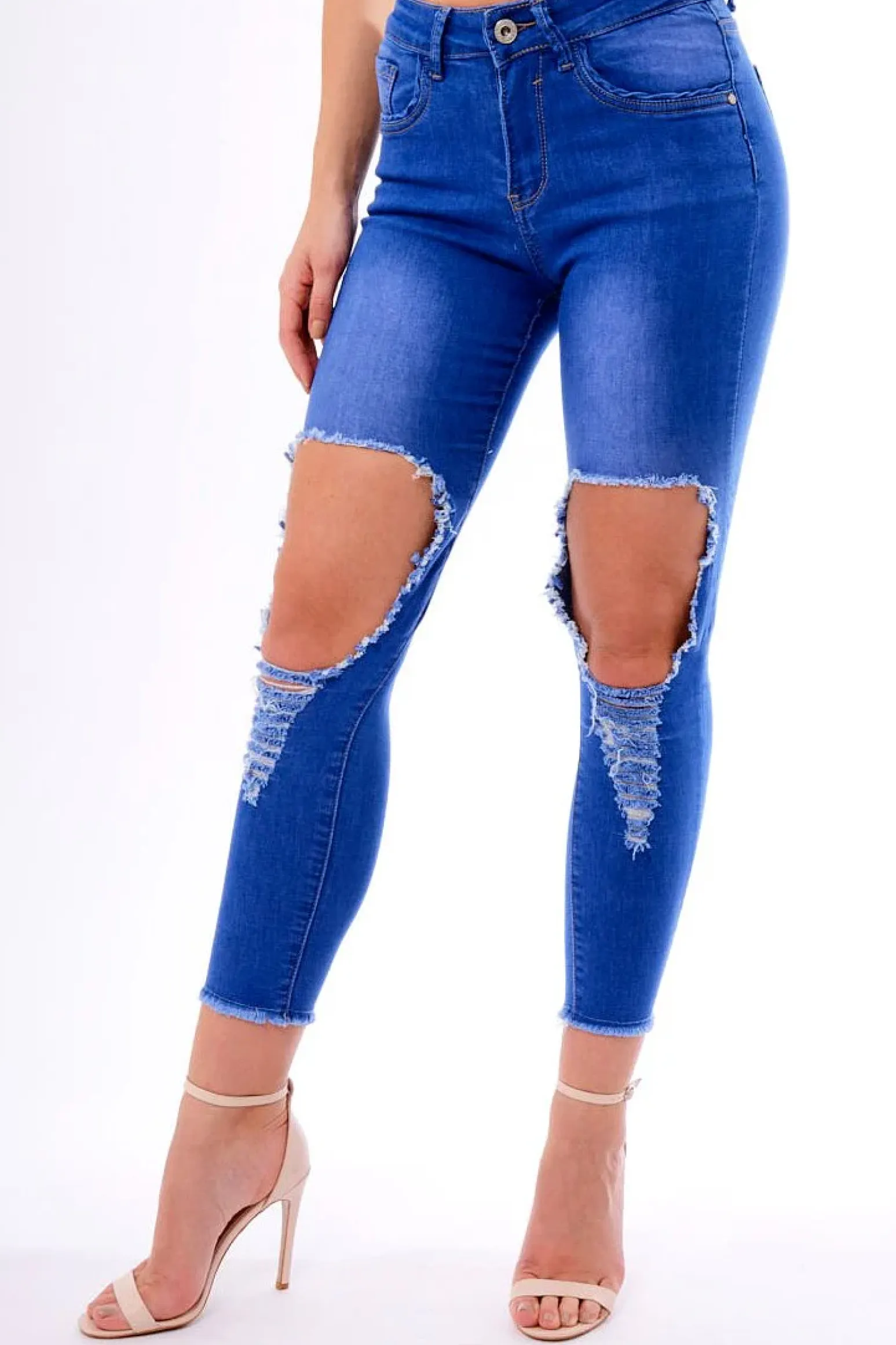 Rebellious Fashion Blue Ripped Knee Skinny Denim Jeans - Bryony