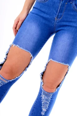Rebellious Fashion Blue Ripped Knee Skinny Denim Jeans - Bryony