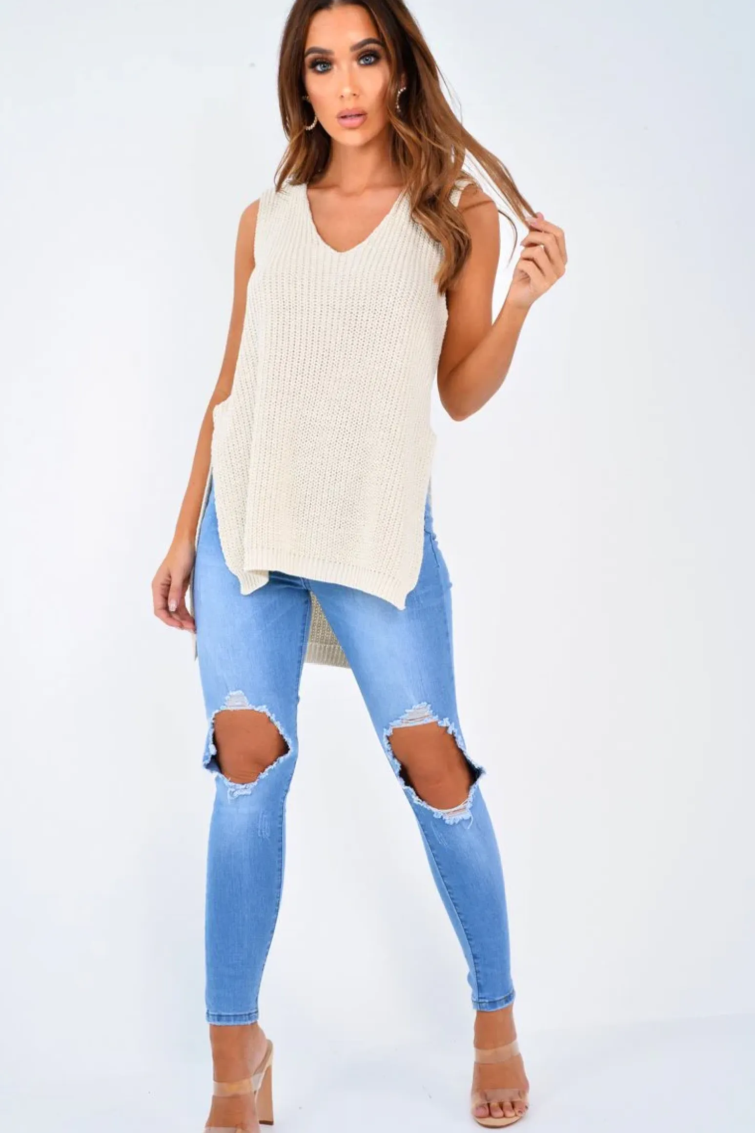 Rebellious Fashion Blue Ripped Knee Skinny Jeans - Chanelle