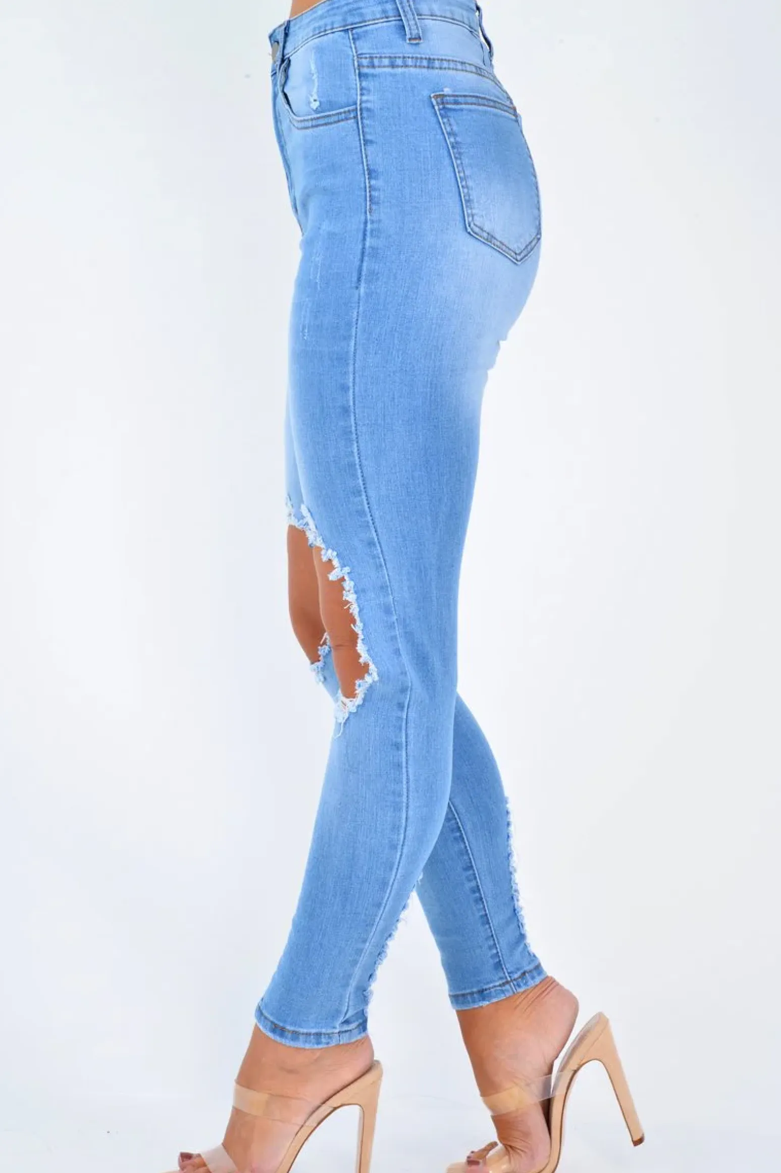 Rebellious Fashion Blue Ripped Knee Skinny Jeans - Chanelle