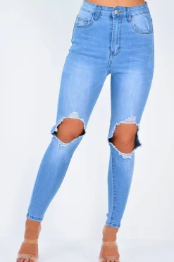 Rebellious Fashion Blue Ripped Knee Skinny Jeans - Chanelle