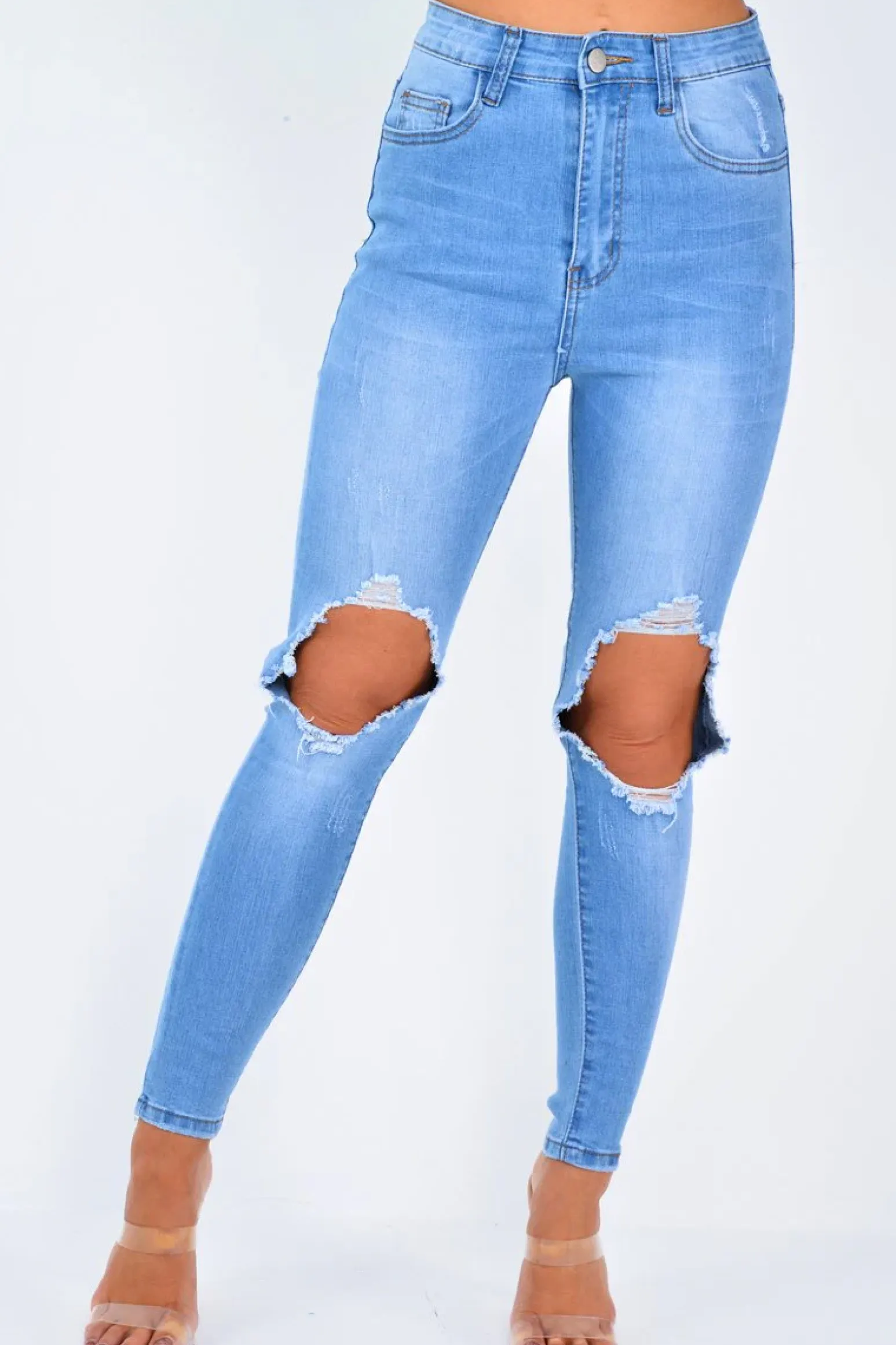 Rebellious Fashion Blue Ripped Knee Skinny Jeans - Chanelle