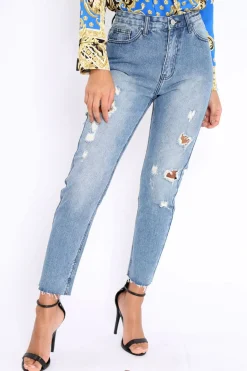 Rebellious Fashion Blue Ripped Mid Wash Mom Jeans - Rabia
