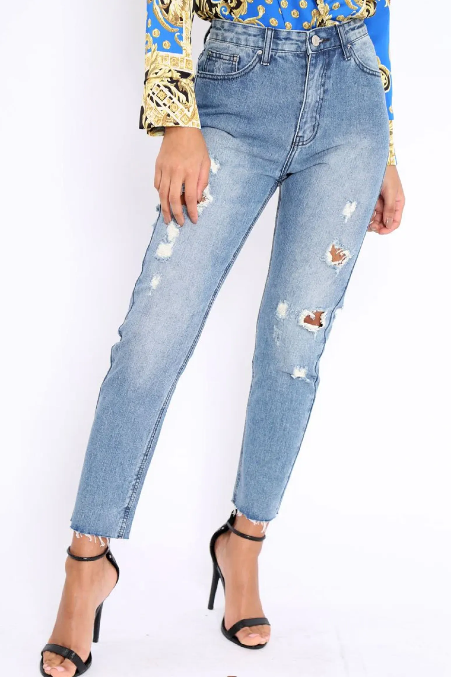 Rebellious Fashion Blue Ripped Mid Wash Mom Jeans - Rabia