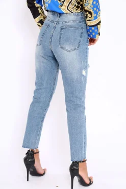 Rebellious Fashion Blue Ripped Mid Wash Mom Jeans - Rabia