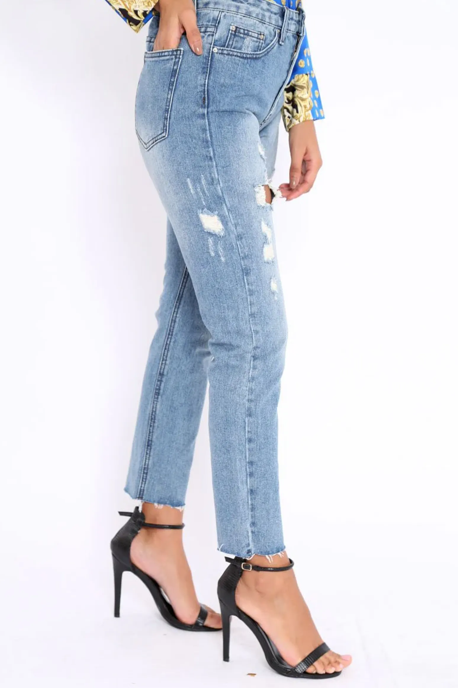 Rebellious Fashion Blue Ripped Mid Wash Mom Jeans - Rabia