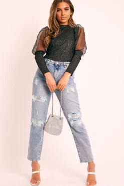 Rebellious Fashion Blue Ripped Silver Diamante Embellished Boyfriend Jeans - Naina