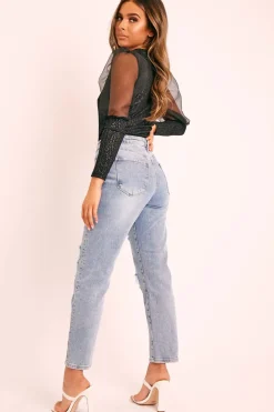 Rebellious Fashion Blue Ripped Silver Diamante Embellished Boyfriend Jeans - Naina