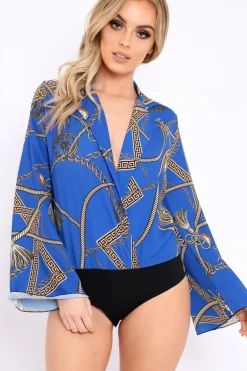 Rebellious Fashion Blue Rope Print Plunge Bodysuit - Jani