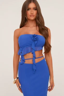 Rebellious Fashion Blue Rosette Detail Cropped Top & Midi Skirt Co-ord Set - Olivie