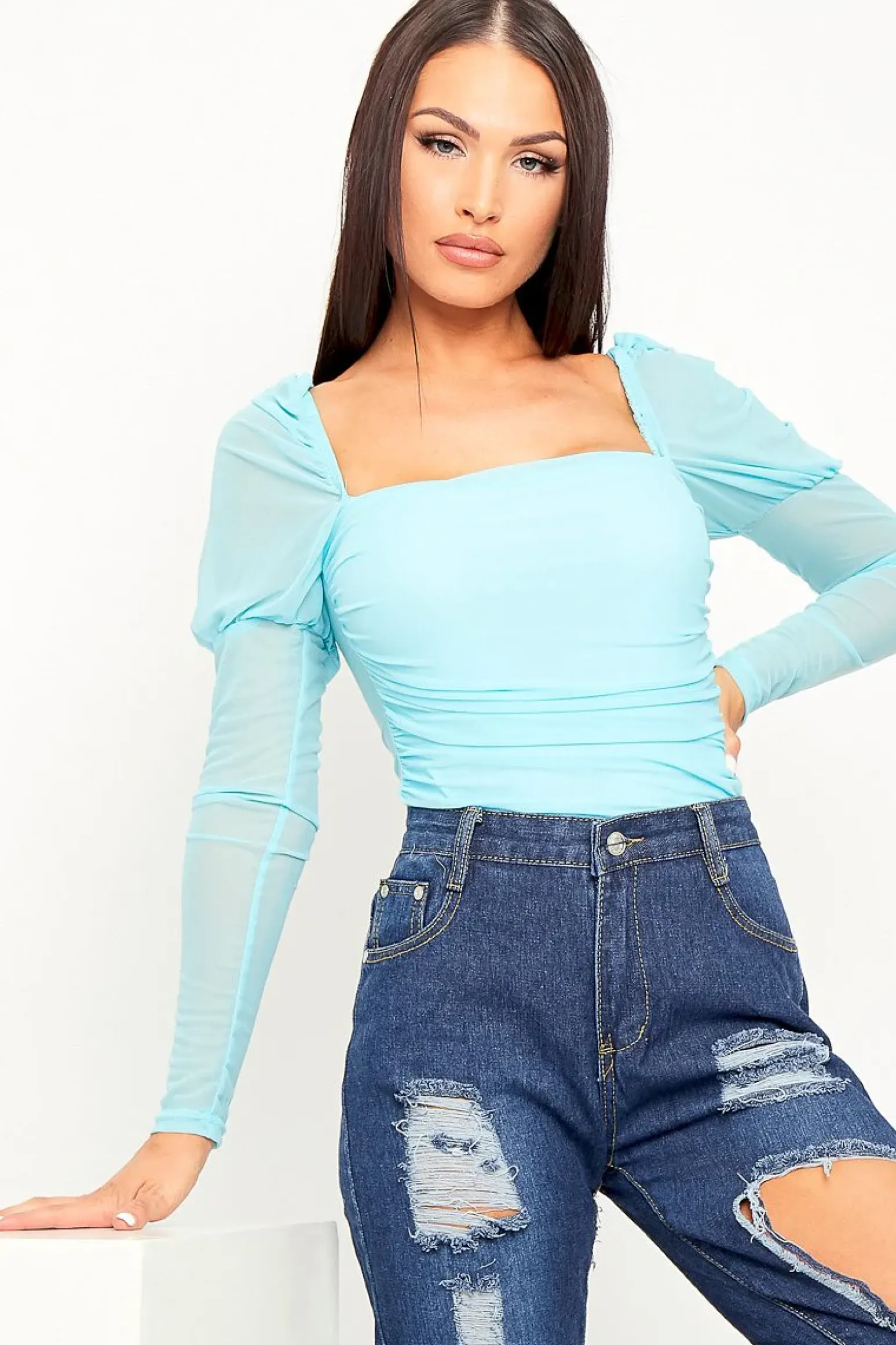 Rebellious Fashion Blue Ruched Body Mesh Sleeve Bodysuit - Raeya