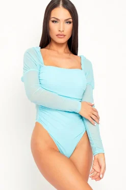 Rebellious Fashion Blue Ruched Body Mesh Sleeve Bodysuit - Raeya