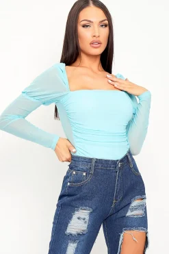 Rebellious Fashion Blue Ruched Body Mesh Sleeve Bodysuit - Raeya