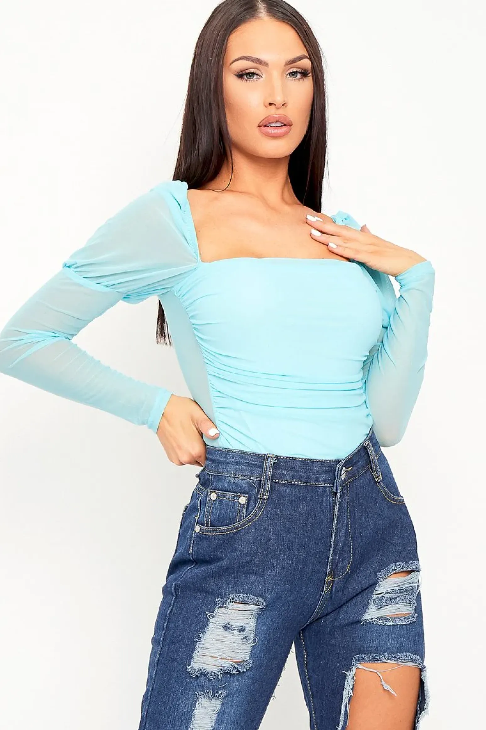 Rebellious Fashion Blue Ruched Body Mesh Sleeve Bodysuit - Raeya