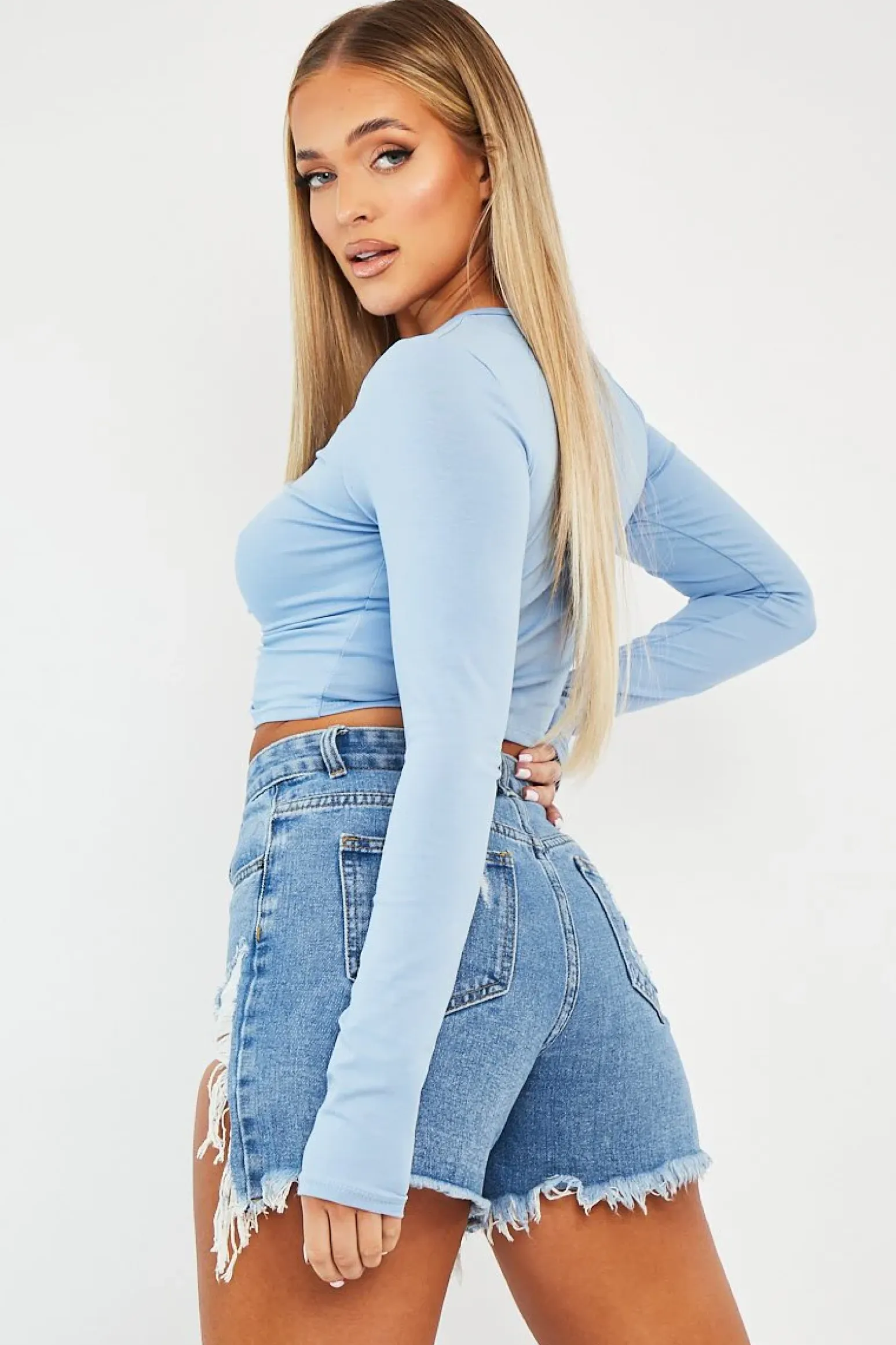 Rebellious Fashion Blue Ruched Centre Front Fastening Crop Top - Cambrea