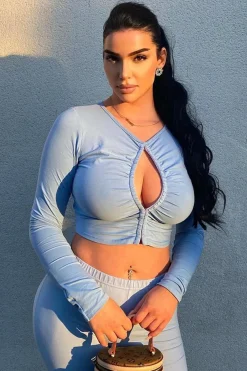 Rebellious Fashion Blue Ruched Centre Front Fastening Crop Top - Cambrea