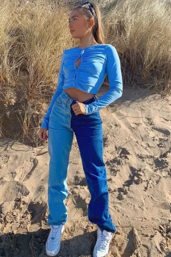 Rebellious Fashion Blue Ruched Centre Front Fastening Crop Top - Cambrea