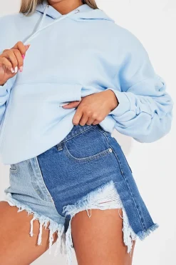 Rebellious Fashion Blue Ruched Sleeve Oversized Hoodie - Dezi