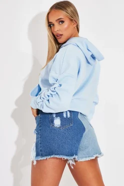 Rebellious Fashion Blue Ruched Sleeve Oversized Hoodie - Dezi