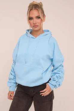 Rebellious Fashion Blue Ruched Sleeve Oversized Hoodie - Lorna