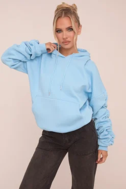 Rebellious Fashion Blue Ruched Sleeve Oversized Hoodie - Lorna