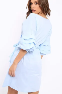 Rebellious Fashion Blue Ruched Sleeve Wrap Around Dress - Marly