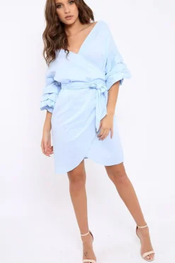 Rebellious Fashion Blue Ruched Sleeve Wrap Around Dress - Marly