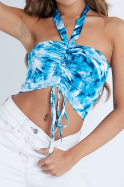 Rebellious Fashion Blue Ruched Tie Dye Tie Neck Crop Top - Joyce