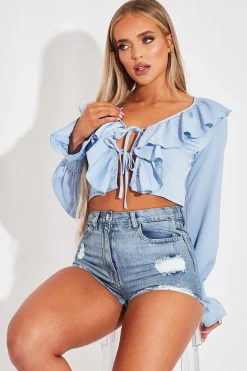 Rebellious Fashion Blue Ruffle Tie Fastening Top - Brionna