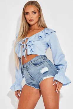 Rebellious Fashion Blue Ruffle Tie Fastening Top - Brionna