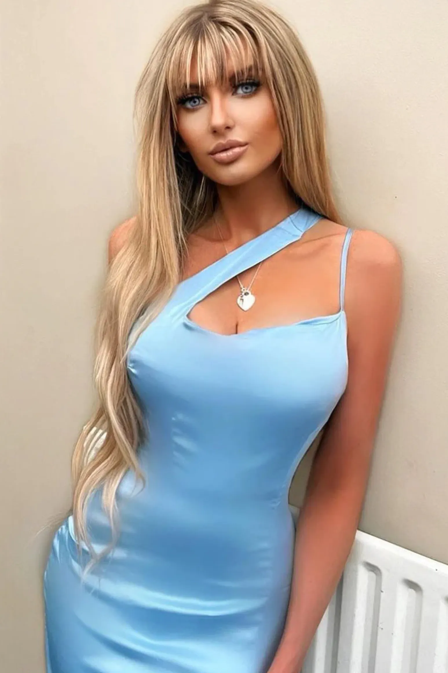 Rebellious Fashion Blue Satin Asymmetric Strap Cut Out Front Mini Dress - Kiki