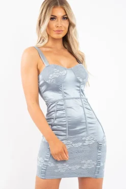 Rebellious Fashion Blue Satin Lace Detail Bodycon Dress - Niani