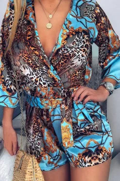 Rebellious Fashion Blue Satin Mix Print Plunge Belted Playsuit - Violet
