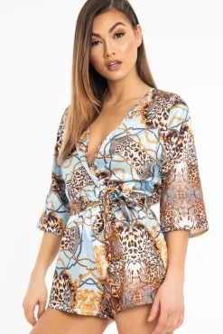 Rebellious Fashion Blue Satin Mix Print Plunge Belted Playsuit - Violet