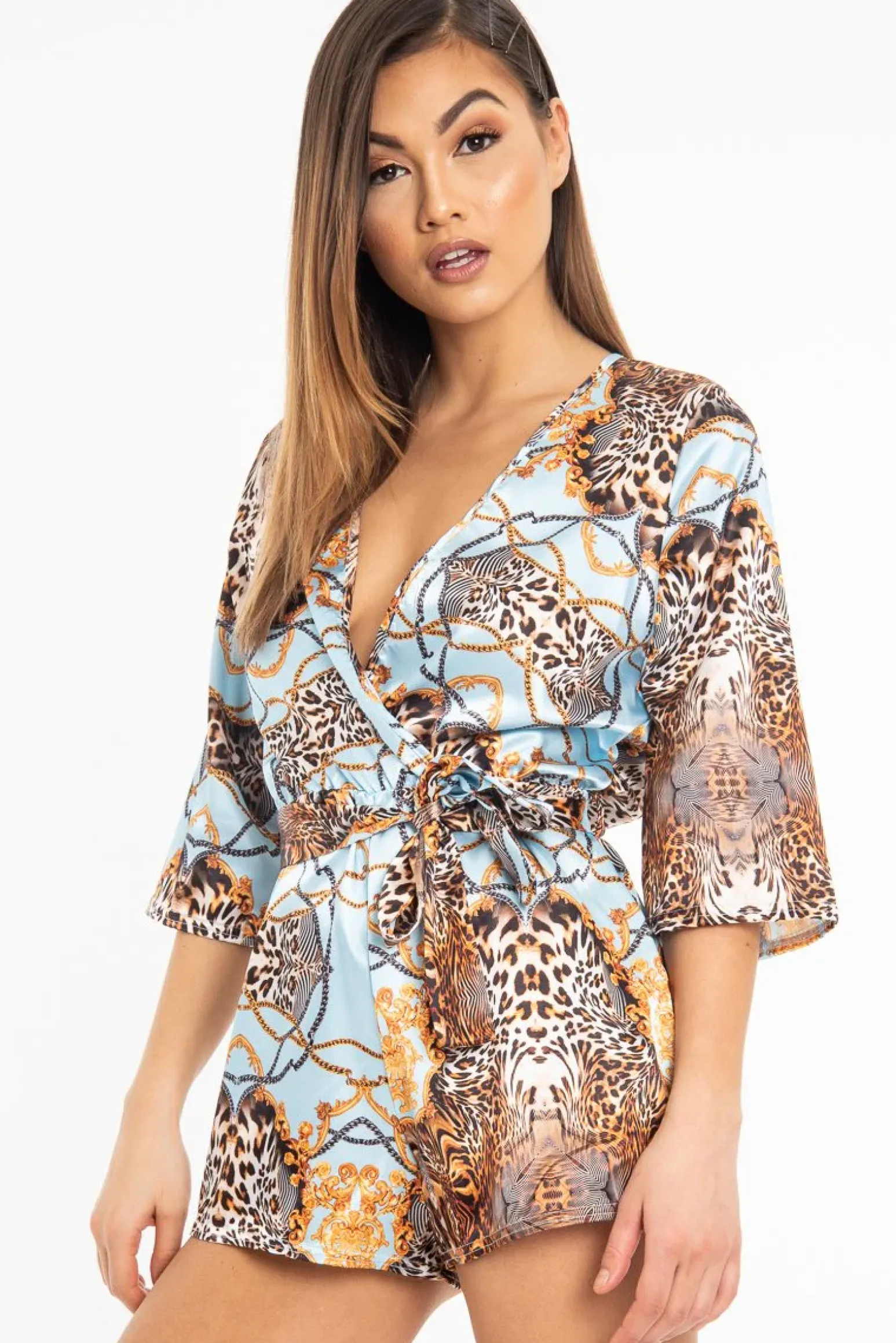 Rebellious Fashion Blue Satin Mix Print Plunge Belted Playsuit - Violet