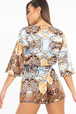Rebellious Fashion Blue Satin Mix Print Plunge Belted Playsuit - Violet