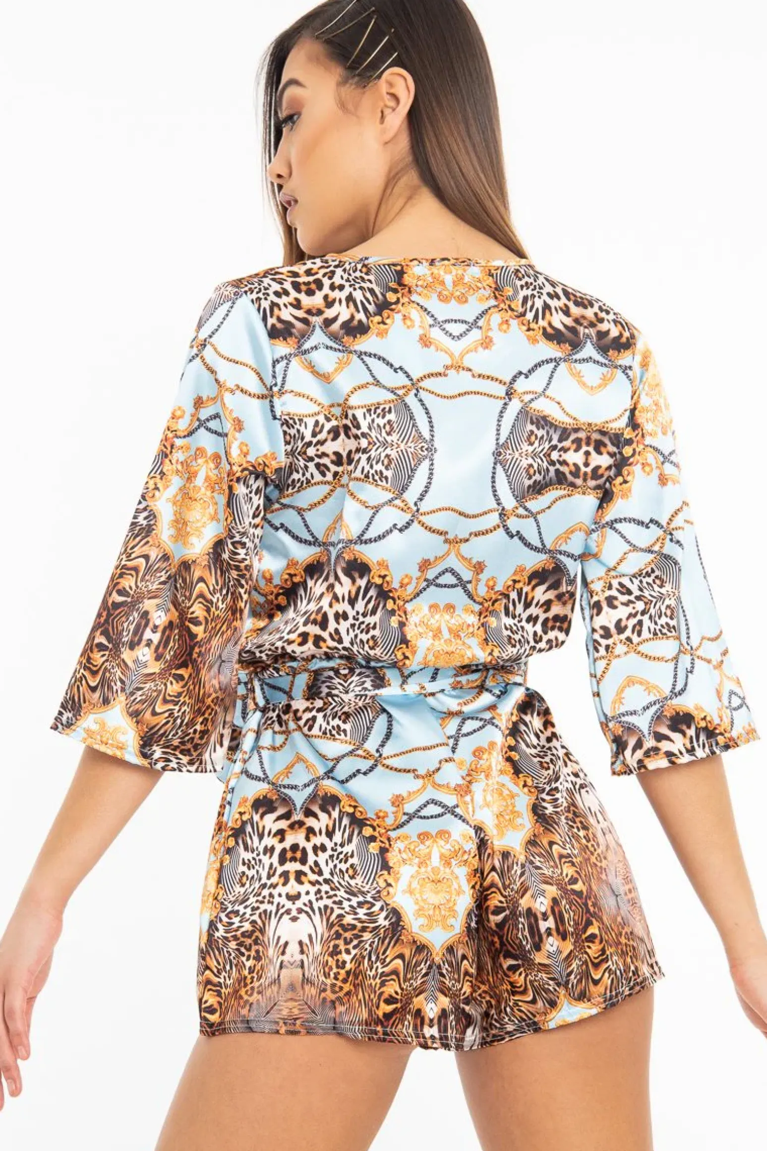 Rebellious Fashion Blue Satin Mix Print Plunge Belted Playsuit - Violet