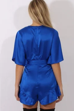 Rebellious Fashion Blue Satin Plunge Flared Sleeve Tied Waist Playsuit - Crystal