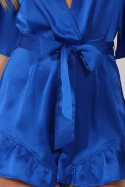 Rebellious Fashion Blue Satin Plunge Flared Sleeve Tied Waist Playsuit - Crystal