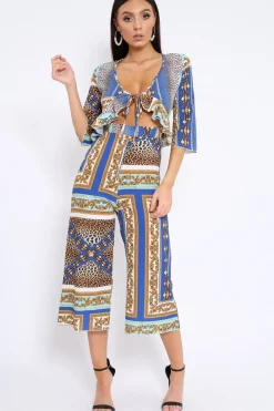 Rebellious Fashion Blue Scarf Print Frill Cut Out Jumpsuit - Nikola