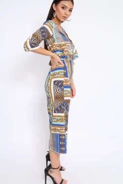 Rebellious Fashion Blue Scarf Print Frill Cut Out Jumpsuit - Nikola