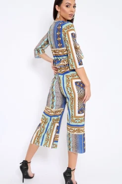 Rebellious Fashion Blue Scarf Print Frill Cut Out Jumpsuit - Nikola