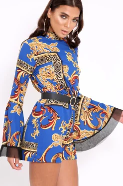 Rebellious Fashion Blue Scarf Print Open Back Playsuit - Cassia
