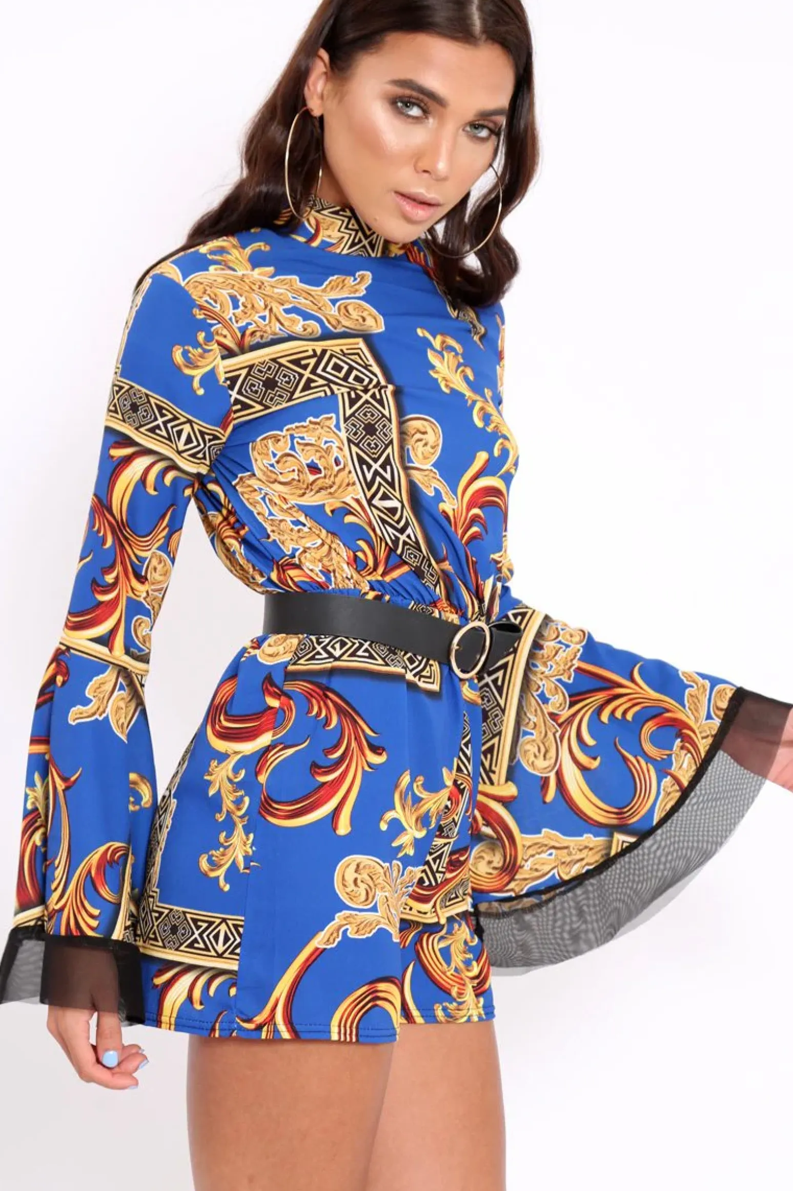 Rebellious Fashion Blue Scarf Print Open Back Playsuit - Cassia