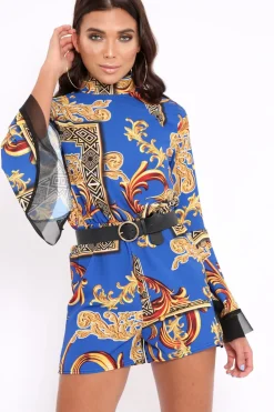 Rebellious Fashion Blue Scarf Print Open Back Playsuit - Cassia