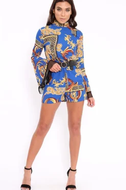 Rebellious Fashion Blue Scarf Print Open Back Playsuit - Cassia