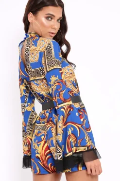 Rebellious Fashion Blue Scarf Print Open Back Playsuit - Cassia